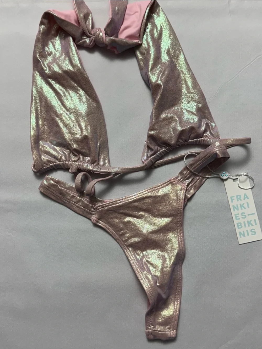 FRANKIES BIKINI Iridescent Pink Set Julianne Halter Top & Cindy Thong Bottom